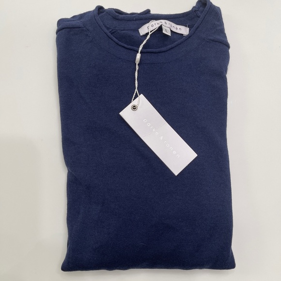 Men’s Slim Fit Parke & Ronen Navy Knit w/ gray elbow pads Sweater Large.